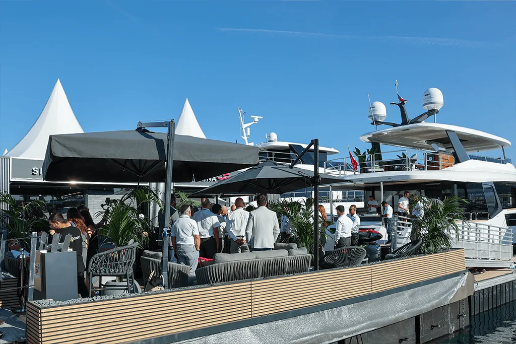 Guests on the Sirena Yachts pontoon at the Cannes Yachting Festival