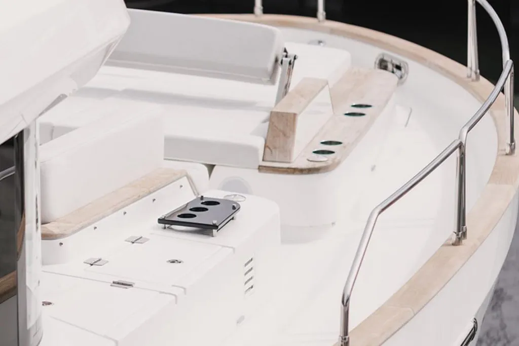 Foredeck of a Sirena yacht on display in Fort Lauderdale