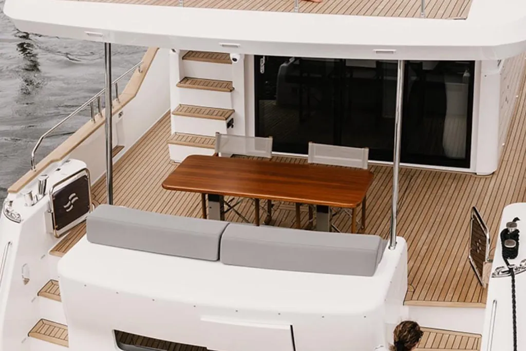 Saloon and dining area of a Sirena yacht in Fort Lauderdale
