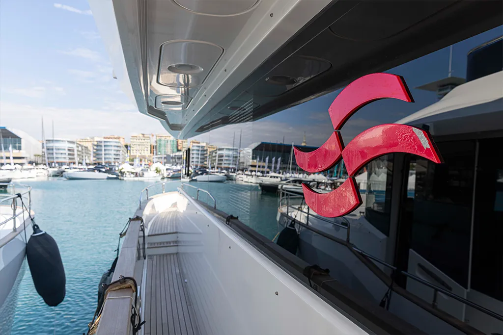 Sirena logo overlooking the Genoa Boat Show marina
