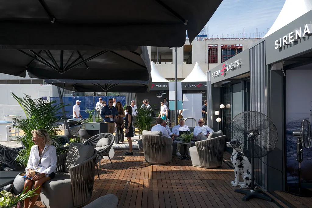 Visitors in the Sirena Yachts lounge at the Cannes Yachting Festival