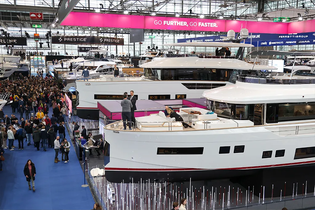 Sirena yacht on display in the Boot Düsseldorf exhibition hall