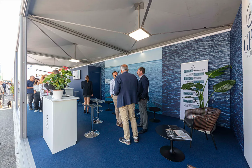 Visitors in the Sirena Yachts pavilion at the Genoa Boat Show