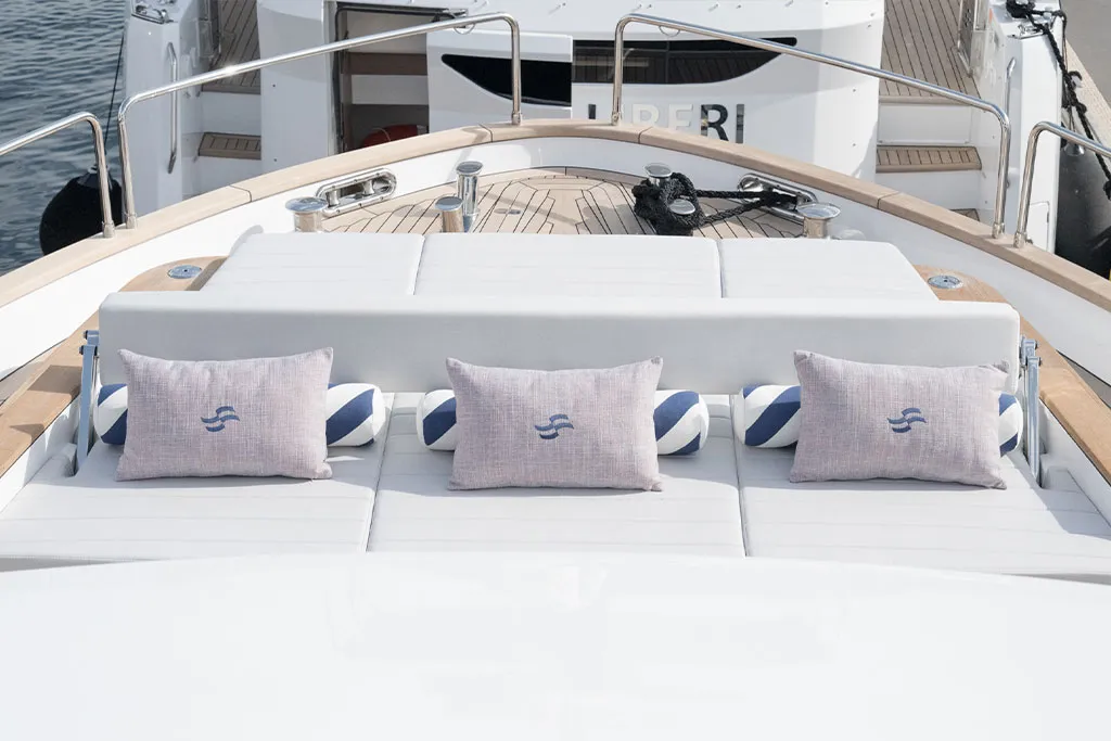 Foredeck sunpad of a Sirena yacht on display in Cannes
