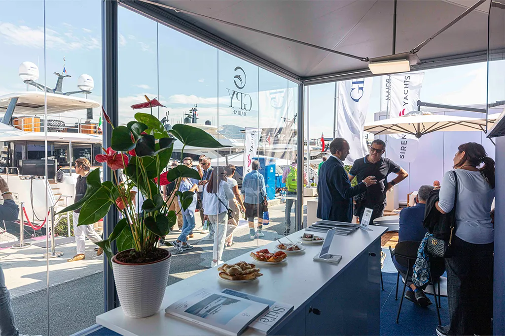 Hospitality area of the Sirena Yachts pavilion in Genoa