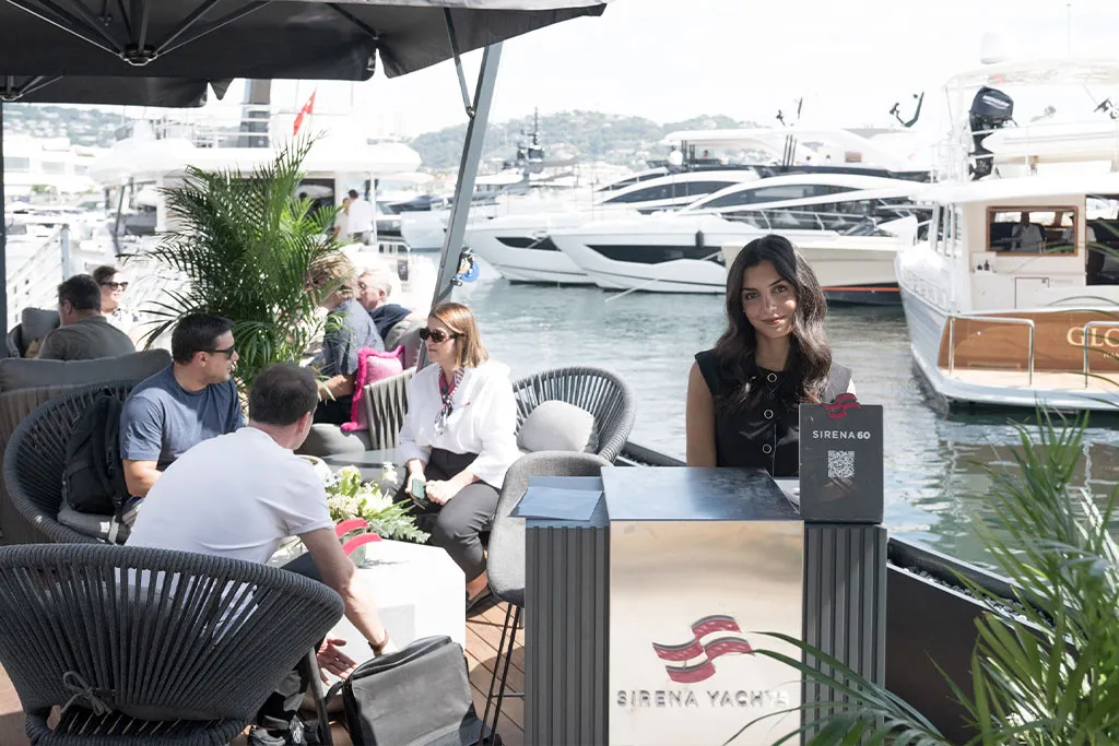 Guests at the Sirena Yachts lounge during the Cannes Yachting Festival
