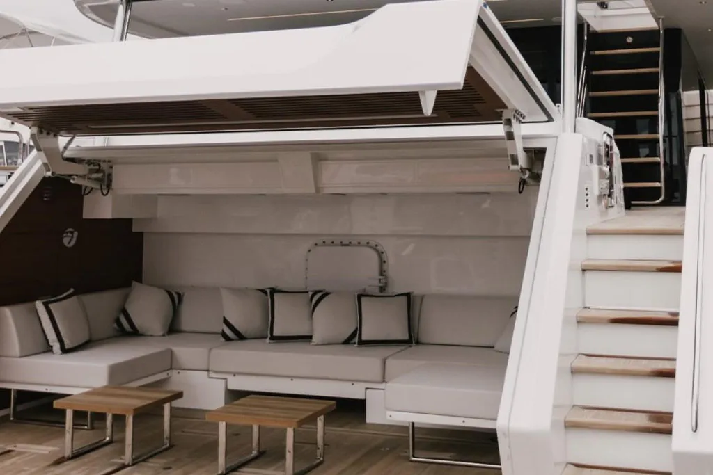 Foredeck lounge of a Sirena yacht in Palm Beach