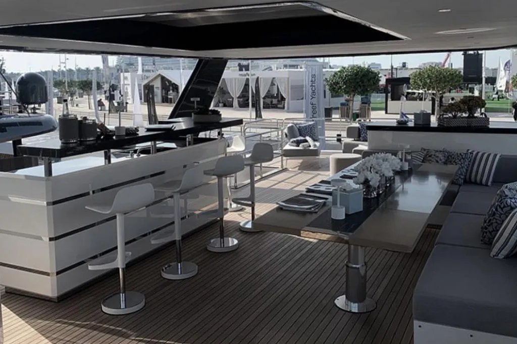 Flybridge bar and lounge of a Sirena yacht in Dubai