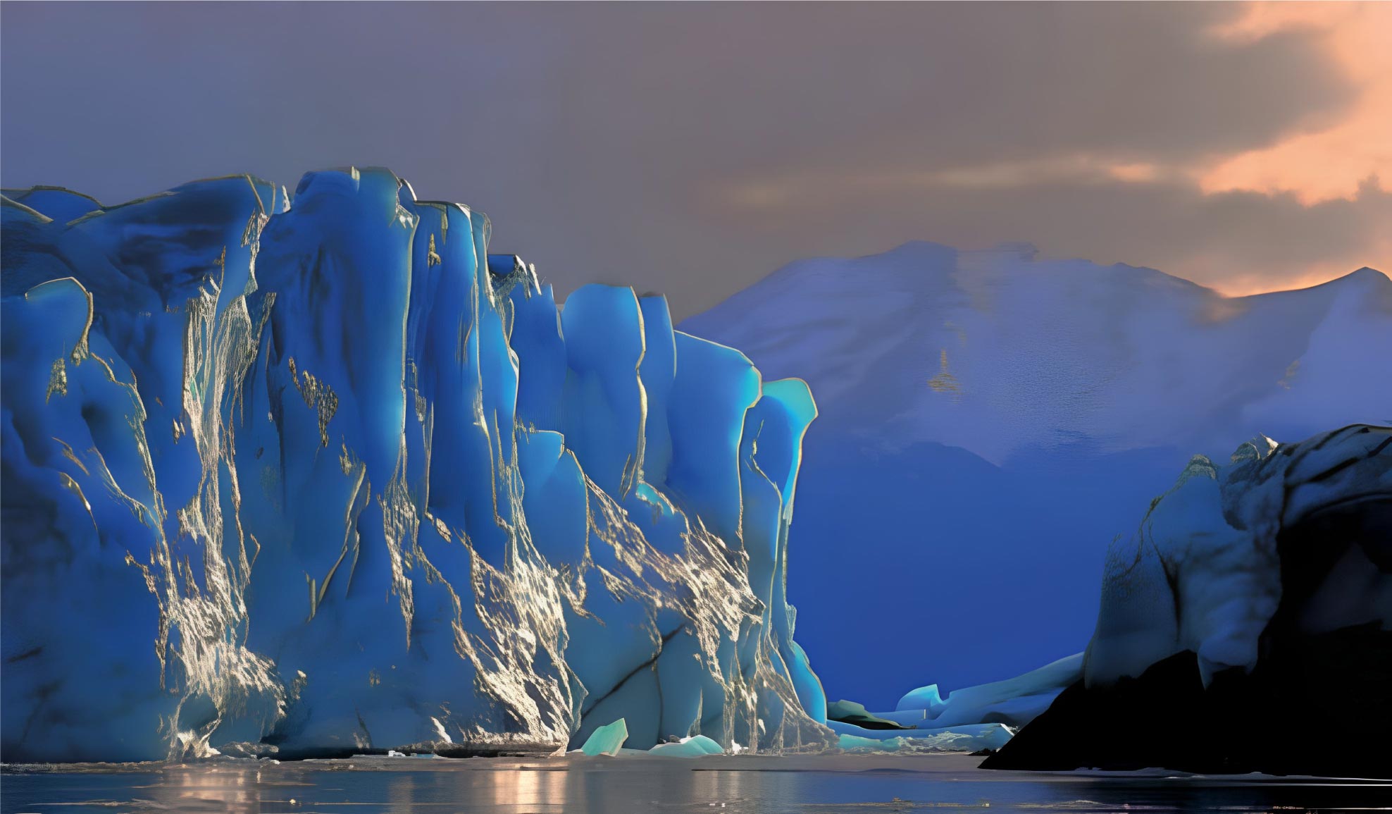A dramatic landscape featuring glaciers and a snowy mountain, highlighting the contrast between cold and warm seas.