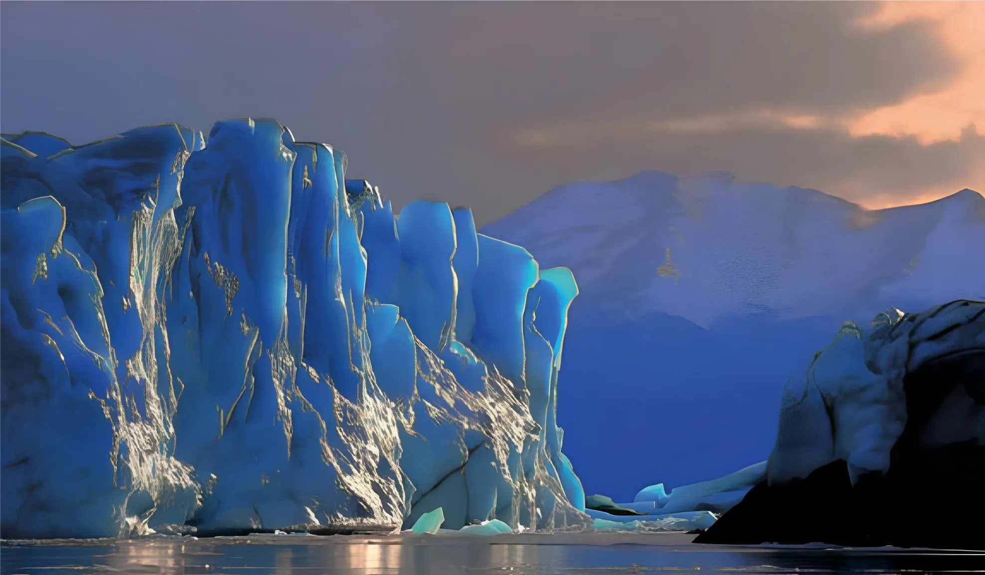 A dramatic landscape featuring glaciers and a snowy mountain, highlighting the contrast between cold and warm seas.