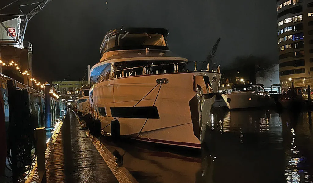 Sirena yacht moored at night during its transfer to Boot Düsseldorf