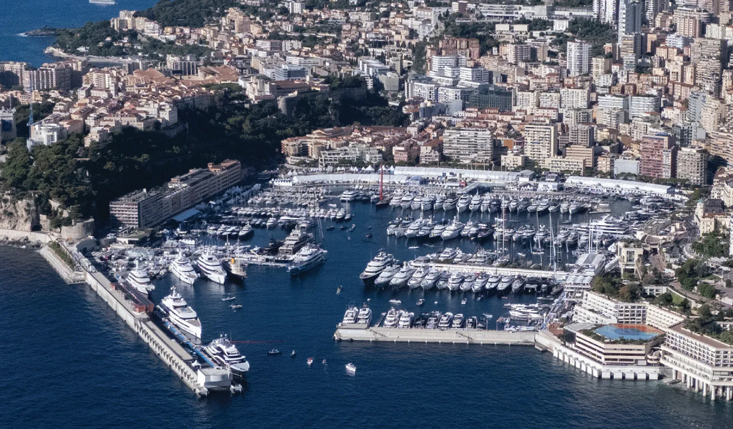 Aerial view of Monaco harbour during the Monaco Yacht Show