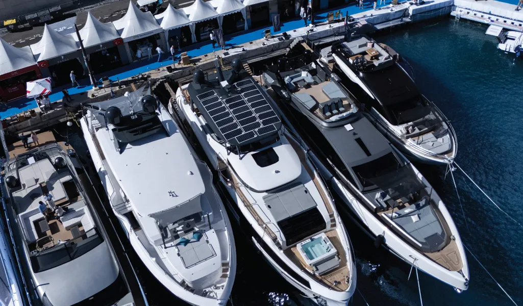 Aerial view of yachts berthed at the Monaco Yacht Show