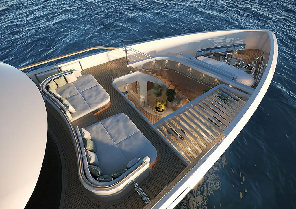 Aerial view of the Sirena Superyachts 42M bow and foredeck lounge